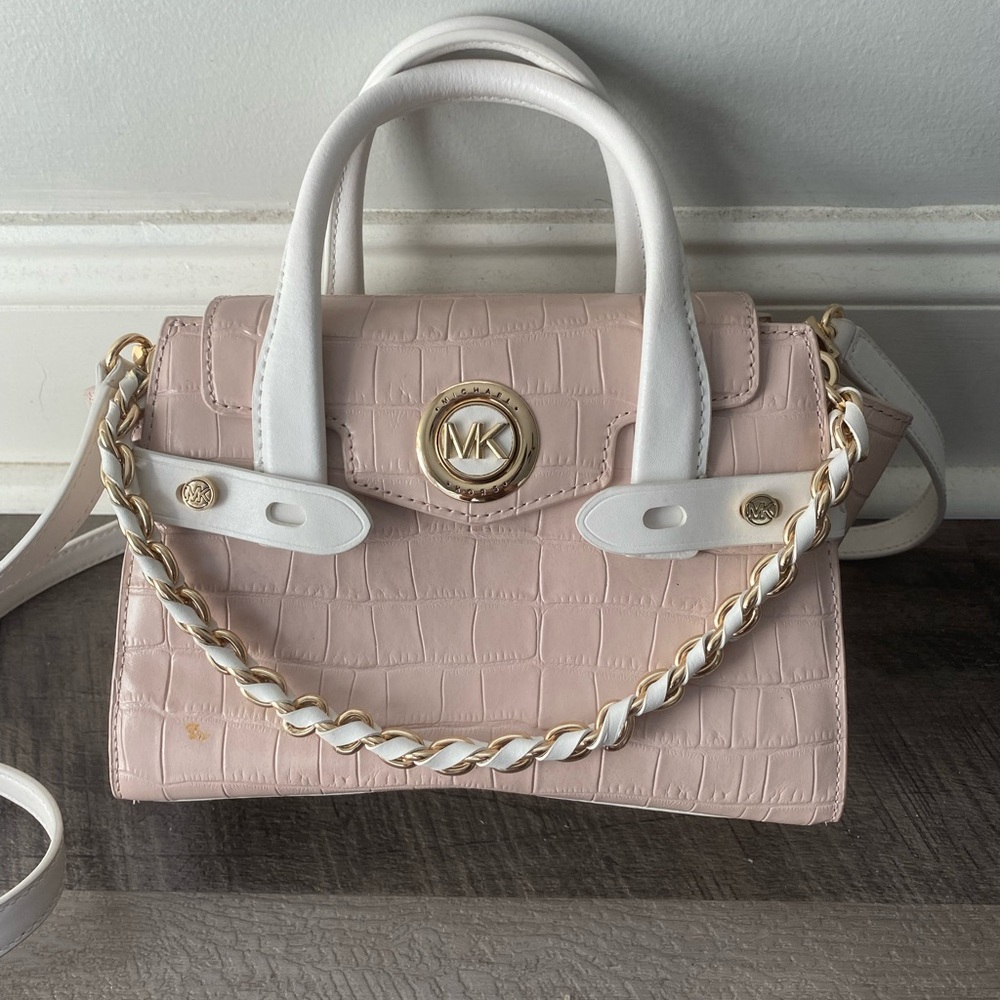 Michael Kors Pink and White Croc-Embossed Satchel